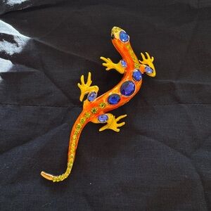 Orange Enamel Reptile Brooch with Blue and Yellow Rhinestones
